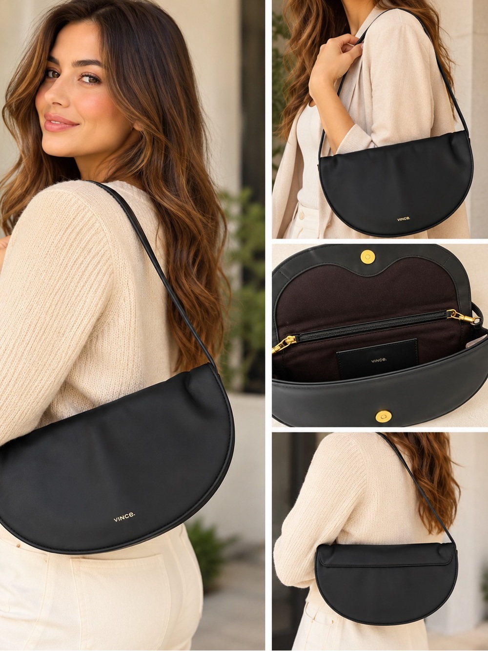 Vince Black Leather Half-Moon Shoulder Bag – New With Tags